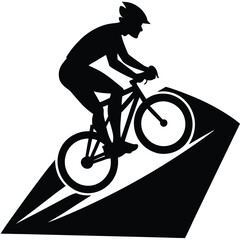 vector silhouette of a cyclist riding on a rugged mountain trail. 