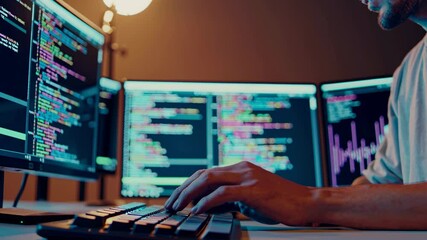 Leinwandbilder - Coding expert develops software solutions in a modern workspace featuring multiple screens at night
