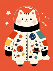doodle illustration of fat cat in spacesuit, floating in space, surrounded by stars and planets. pla