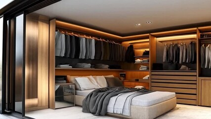 Leinwandbilder - A stylish bedroom showcases a spacious minimalist closet filled with organized clothing. The room features a comfortable bed and sleek wooden furniture, promoting a clean aesthetic and relaxation.