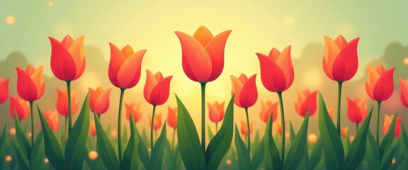 Wall Mural - Vibrant field of red tulips at sunrise with glowing background