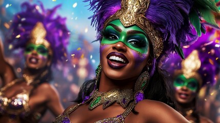 Wall Mural - A vibrant parade with feathered dancers in elaborate purple green and gold costumes surrounded by glittering floats and confetti filled air 