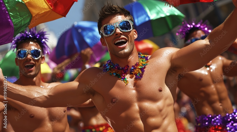 A crowd of revelers in colorful costumes dancing in the streets holding ...