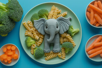 Wall Mural - Kid-Friendly Healthy Meals. Nutritious meals served on animal-shaped plates. Features a dinosaur plate with tomatoes, cucumbers, and rice, a elephant plate with broccoli and pasta, and bowl of carrots