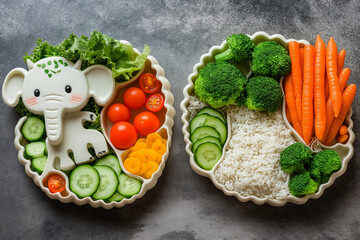 Wall Mural - Kid-Friendly Healthy Meals. Nutritious meals served on animal-shaped plates. Features a dinosaur plate with tomatoes, cucumbers, and rice, a elephant plate with broccoli and pasta, and bowl of carrots