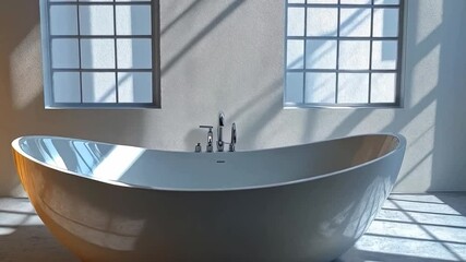 Poster - A sleek white freestanding bathtub sits in a minimalistic bathroom. Soft sunlight streams through large windows, creating a tranquil atmosphere perfect for relaxation.