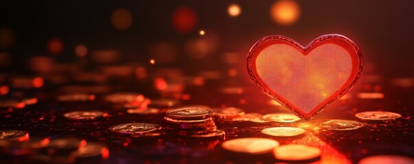 A radiant heart icon displayed on a red digital screen, with coins surrounding it.