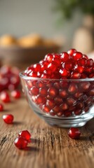 Wall Mural - Vibrant pomegranate seeds in glass bowl on rustic wooden table