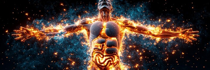 Wall Mural - cancer symptoms pain nausea concept. human figure illuminated with fiery energy against a cosmic bac