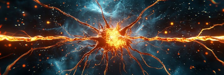 Wall Mural - cancer symptoms pain nausea concept. vibrant cosmic explosion with glowing energy and dynamic lines.