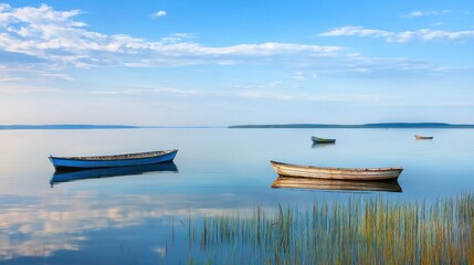  Peaceful Lake with Boats at Sunrise