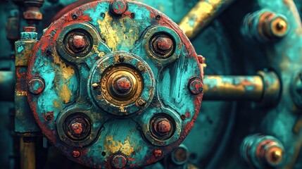 Close-up view of a rusty mechanical valve with intricate details showcasing vintage textures and colorful metallic hues in an industrial setting