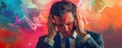 © Vitalii - art collage of puzzled businessman hold head tiredness lightning pressure depressed mood weakness on colorful background