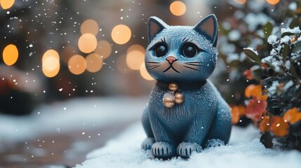 Blue Wooden Cat in a Snowy Garden. Generative AI