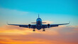 © ludmila - Front view of an airplane mid-flight with blazing orange and blue sunset sky, symbolizing aviation and travel freedom