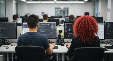 A scene showcasing a team of software developers coding, collaborating, and testing applications in a modern development environment
