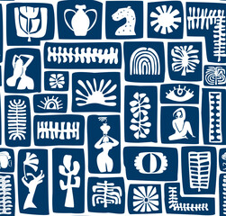 boho bohemian chic blue and white block print style seamless pattern with floral ethnic, tribal bota