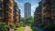 © Kaizenart - Urban residential courtyard with modern high-rise in background, lush greenery, and sunny skies