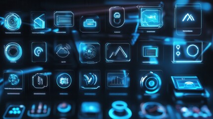 Futuristic Interface with Blueprint Icons and Digital Elements