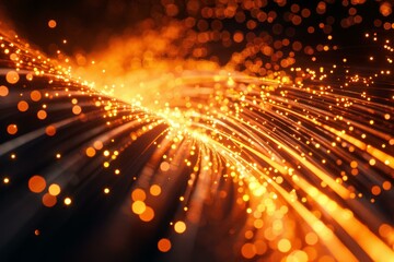 Wall Mural - golden particles flowing along fiber optic cables creating a bright bokeh effect in a dark environme