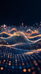 Poster - Futuristic orange and blue glowing particles flowing and forming wavy surface, ideal for technology and science related projects