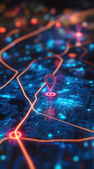 Poster - Digital city map glowing, highlighting route, tracking destination with location pin, representing gps navigation concept