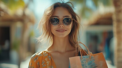 Smiling woman in sunglasses holds shopping bags outside shops in sunny tropical setting