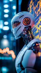 Leinwandbilder - Humanoid robot looking at financial market data projected on futuristic digital screen in server room