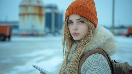 A young woman wearing a cozy sweater and an orange beanie stands in a snowy landscape, holding a tablet. Background features blurred vehicles and a cold, overcast sky