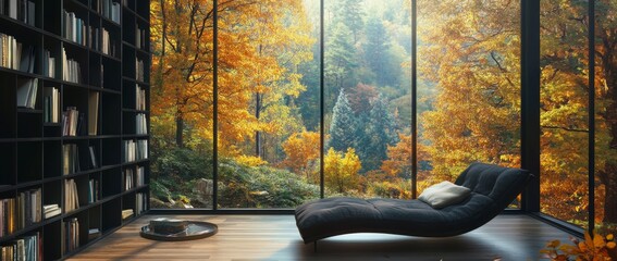 Wall Mural - Warm Fall Library Getaway with Scenic Natural Views