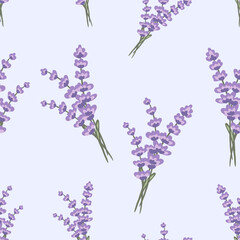 Wall Mural - Hand drawn seamless pattern featuring lavender flowers on a light purple background