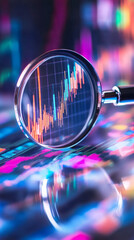 Poster - Candlestick chart magnified, reflecting on glass surface, highlighting financial market data and investment research dynamics