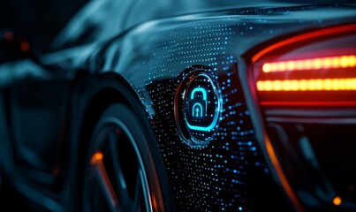 Detailed closeup of car door with lock icon, showcasing high tech design