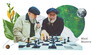 © master1305 - Two elderly men playing chess outdoors, smoking pipes, and laughing, surrounded by abstract celestial and floral elements. Creative artwork. Concept of elderly lifestyle, active aging, wellness
