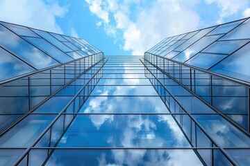 Wall Mural - Glass skyscraper facade reflecting blue sky and white clouds, symbolizing modern architecture and urban development