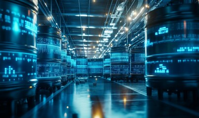 Data-Driven Petroleum Storage: Gasoline Barrels in Warehouse with Digital Distribution Display