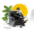 © master1305 - Elderly man in stylish suit and hat sitting in leather armchair, sipping tea, surrounded by bright abstract and floral elements. Creative art collage. Concept of elderly lifestyle, wellness