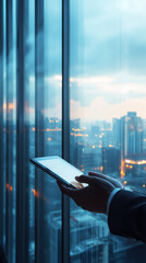 Canvas Print - Professional businessman working on tablet, sitting near office window overlooking luminous evening city skyline