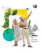 © master1305 - Elderly couple looking upwards, man with pipe pointing on sky, surrounded by flowers and abstract elements. Creative art collage. Concept of elderly lifestyle, active aging, wellness