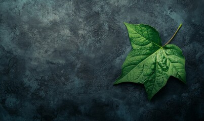 Fresh green leaf on dark textured background, symbolizing nature resilience