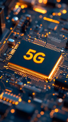 Fototapete - Electronic circuit board with glowing 5g chipset, representing fast mobile network technology and data transmission