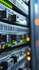 Fototapete - Metallic server rack glowing with blue LED indicators, storing critical digital information within networked data center infrastructure