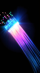 Poster - Glowing fiber optic cable transmitting colorful digital signals against dark backdrop
