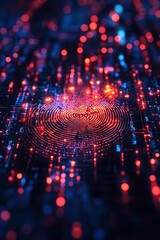 Wall Mural -  Vibrant fingerprint glowing in digital matrix of red and blue lights, symbolizing cybersecurity, identity, and innovation. Bright, futuristic visualization of personal data protection.