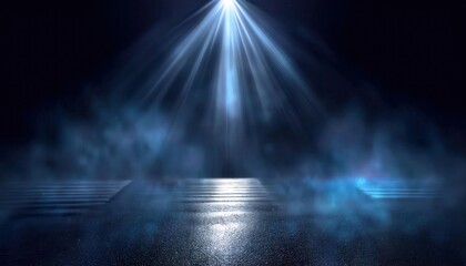 Wall Mural - mystical blue spotlight illuminating foggy reflections on wet surface in dark atmospheric setting, ideal for dramatic designs

