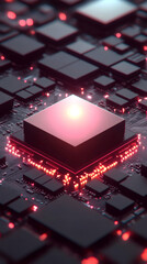 Fototapete - Modern central processing unit emitting red light, placed on a dark motherboard, is processing data