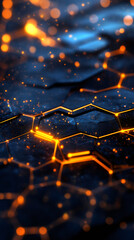 Leinwandbilder - Orange hexagonal network covering dark surface with bokeh effect, creating a futuristic and technological background