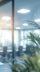 Poster - Office interior featuring vibrant green plants enhancing the workplace environment and improving air quality for a healthier, more comfortable space