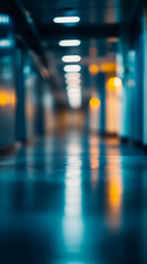 Poster - Blurred lights are reflecting on the shiny floor of an empty corridor creating an abstract and evocative image