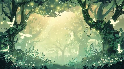 Wall Mural - A magical forest with glowing fireflies and white birds.
